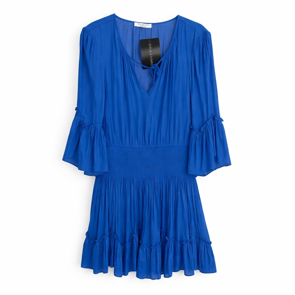 Halston Heritage Blue Silk Chiffon Smocked Waist Mini Dress Large Boho Ruffle - Picture 2 of 4